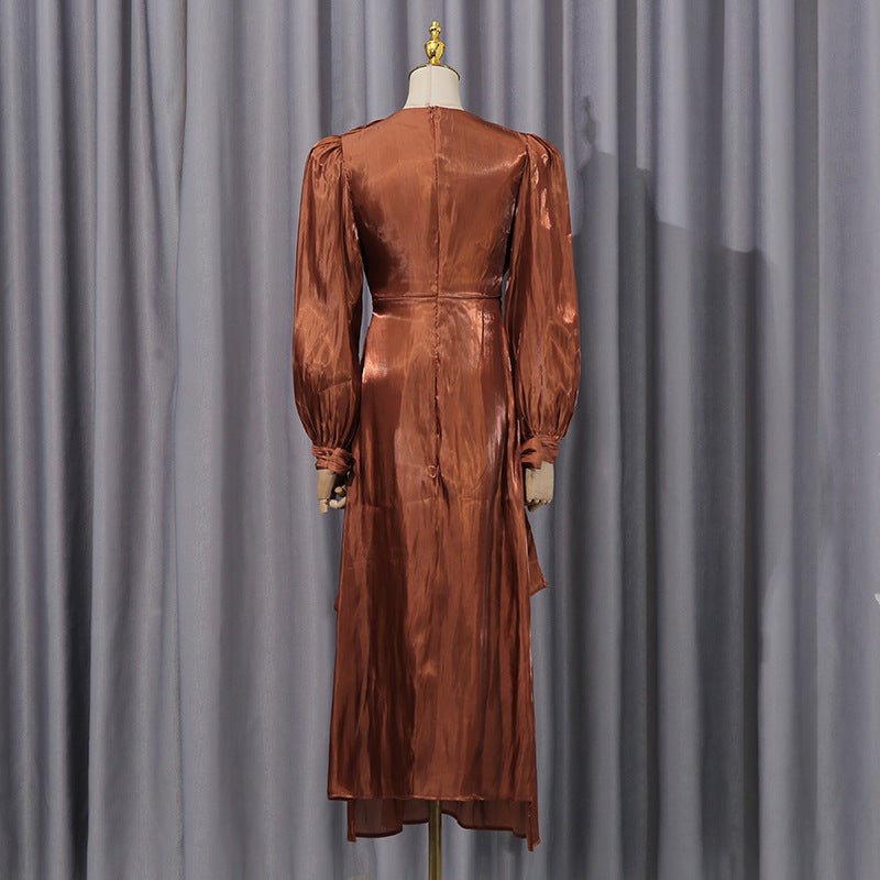 Satin Diagonal Pleat Dress with Bow Waist(MS324)