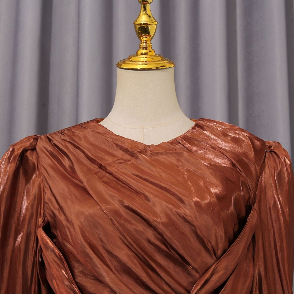 Satin Diagonal Pleat Dress with Bow Waist(MS324)