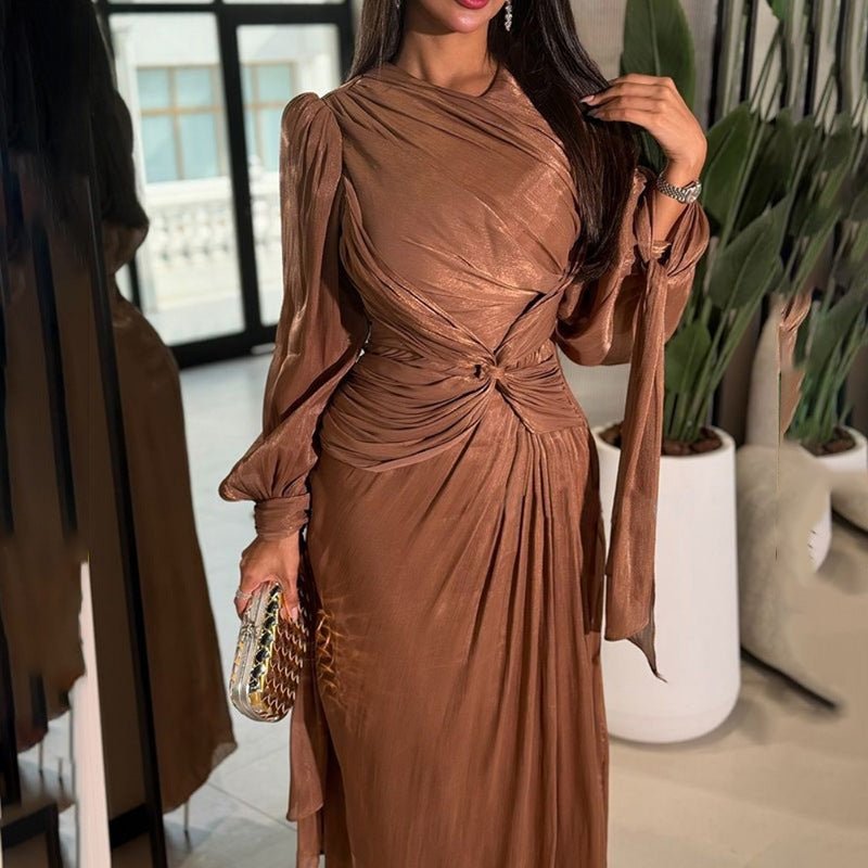 Satin Diagonal Pleat Dress with Bow Waist(MS324)
