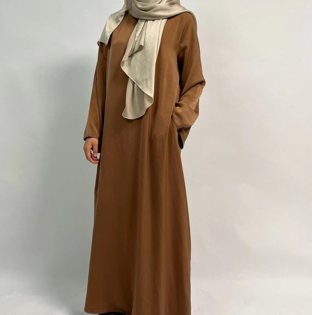 Satin Double Pocket Concealed Button Plain Abaya (MA030)