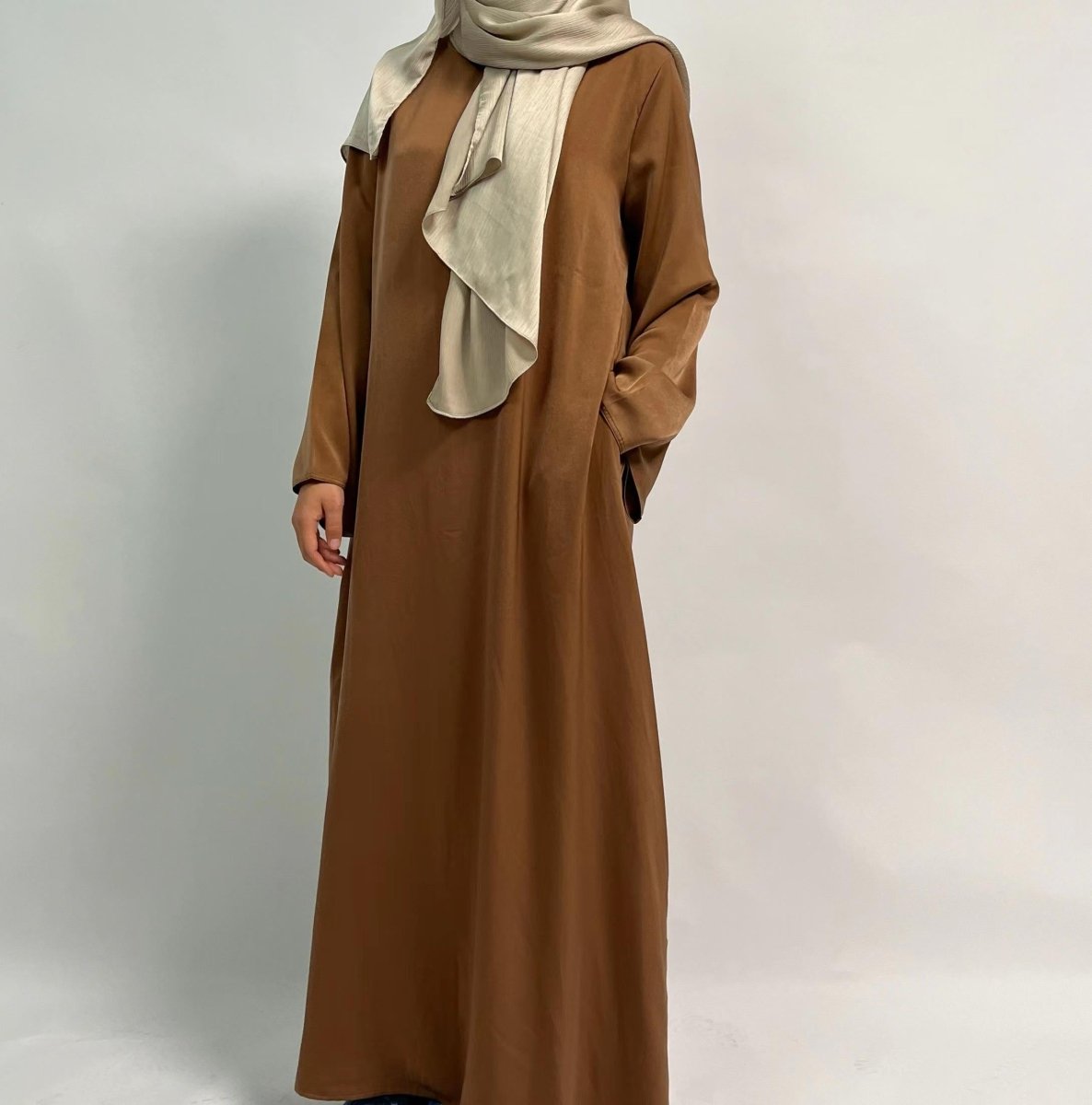 Satin Double Pocket Concealed Button Plain Abaya (MA030)
