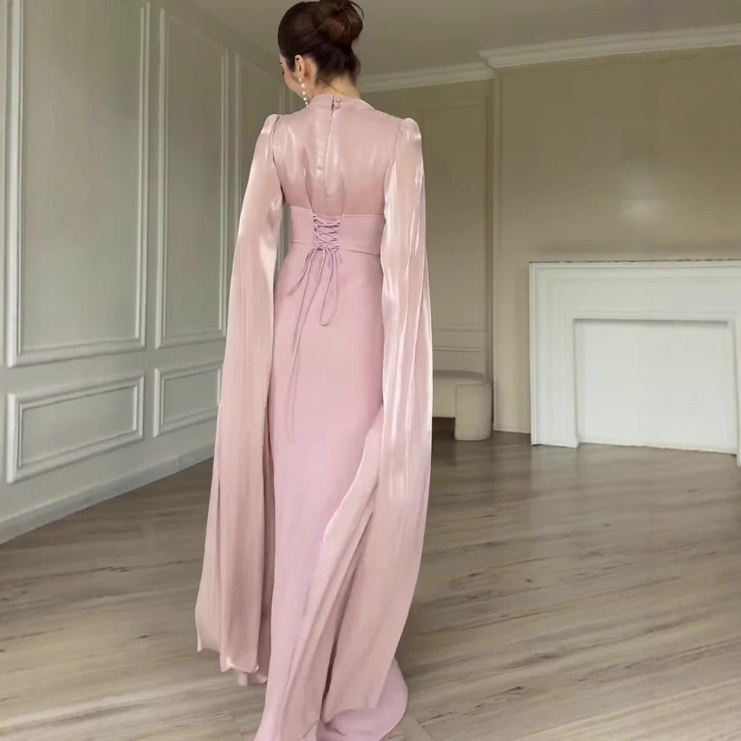Satin Dress with Corset Back & Cape Sleeves (MS344)