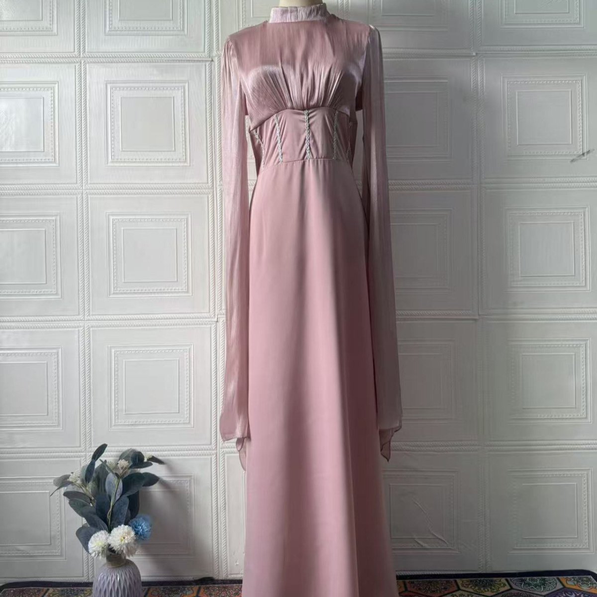 Satin Dress with Corset Back & Cape Sleeves (MS344)
