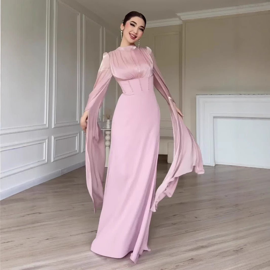 Satin Dress with Corset Back & Cape Sleeves (MS344)
