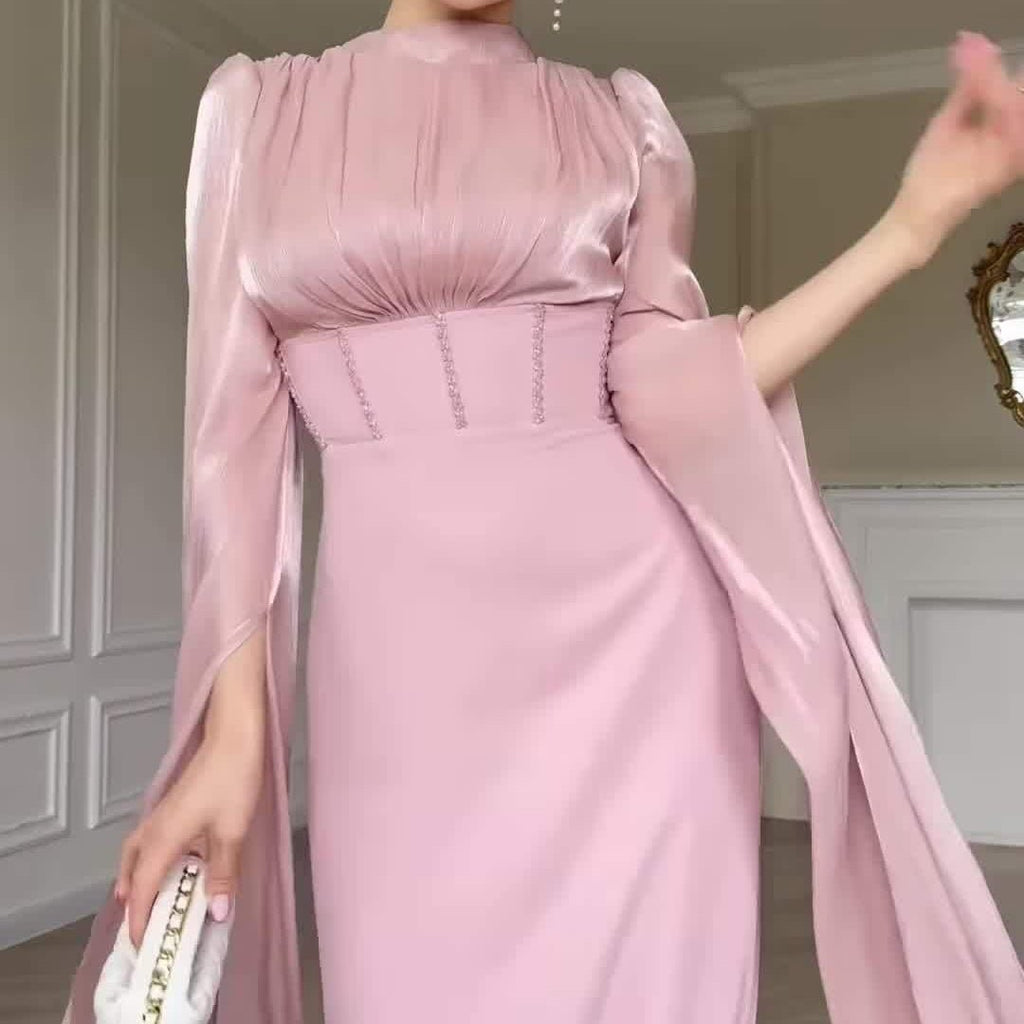 Satin Dress with Corset Back & Cape Sleeves (MS344)