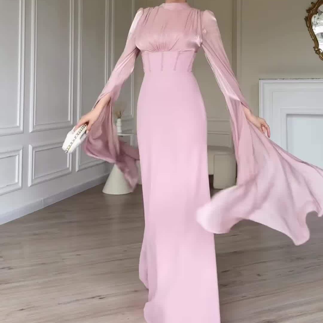 Satin Dress with Corset Back & Cape Sleeves (MS344)