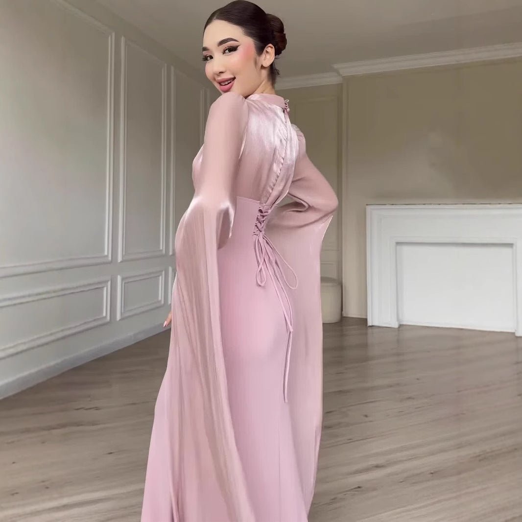 Satin Dress with Corset Back & Cape Sleeves (MS344)