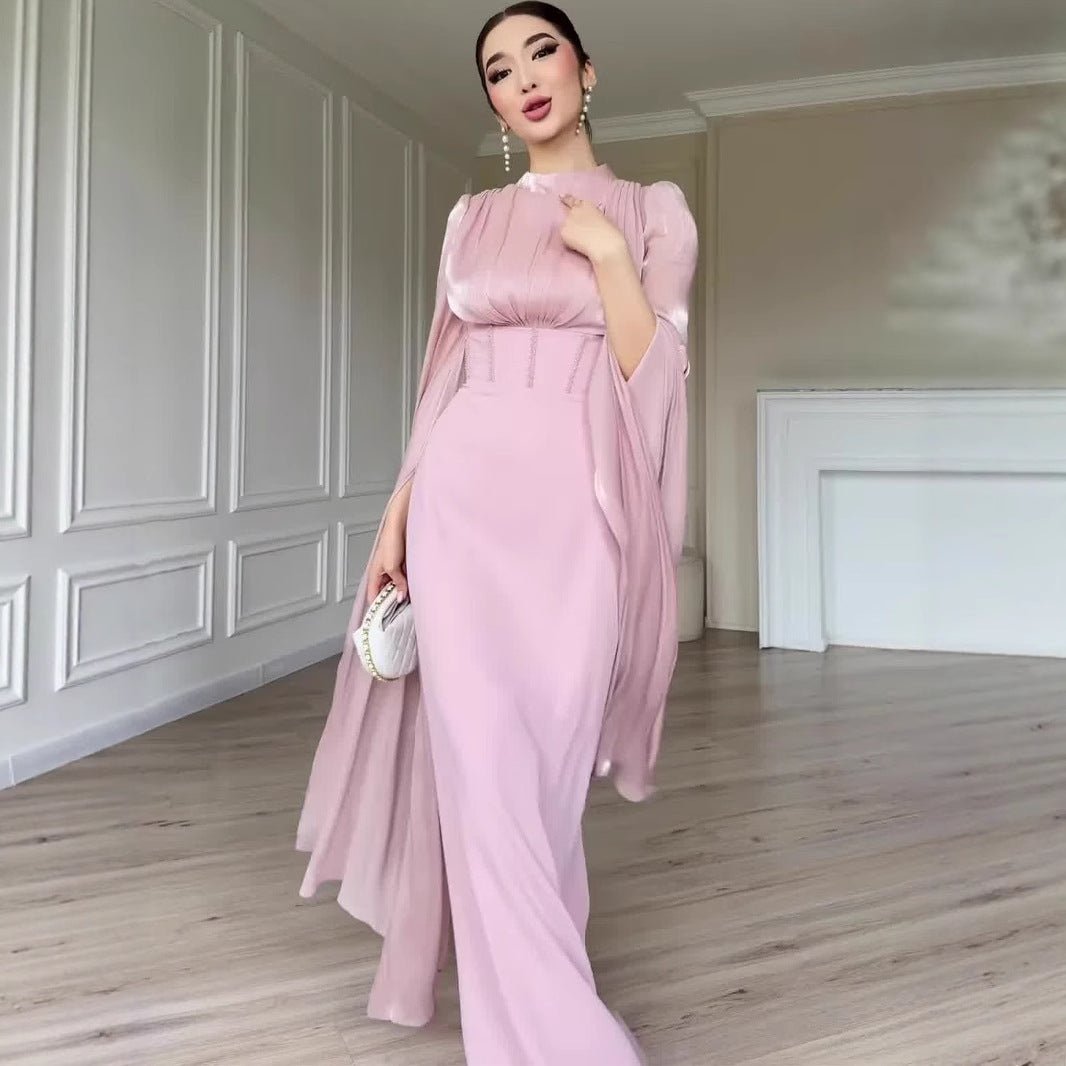 Satin Dress with Corset Back & Cape Sleeves (MS344)