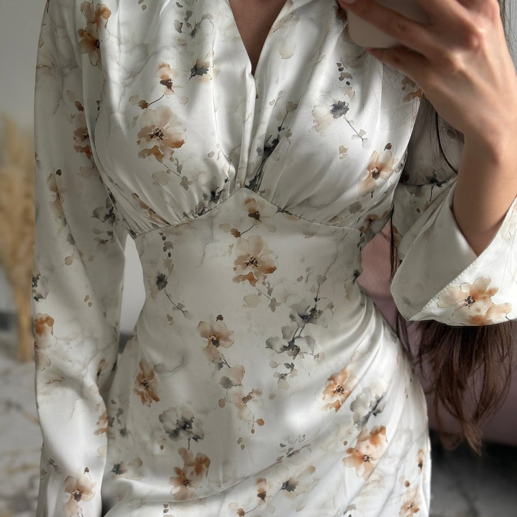 Satin Floral Print V-Neck Maxi Dress(MS378)