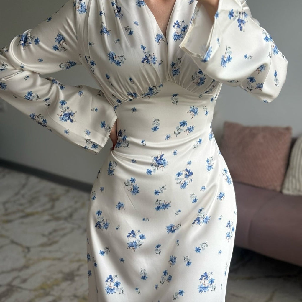 Satin Floral Print V-Neck Maxi Dress(MS378)