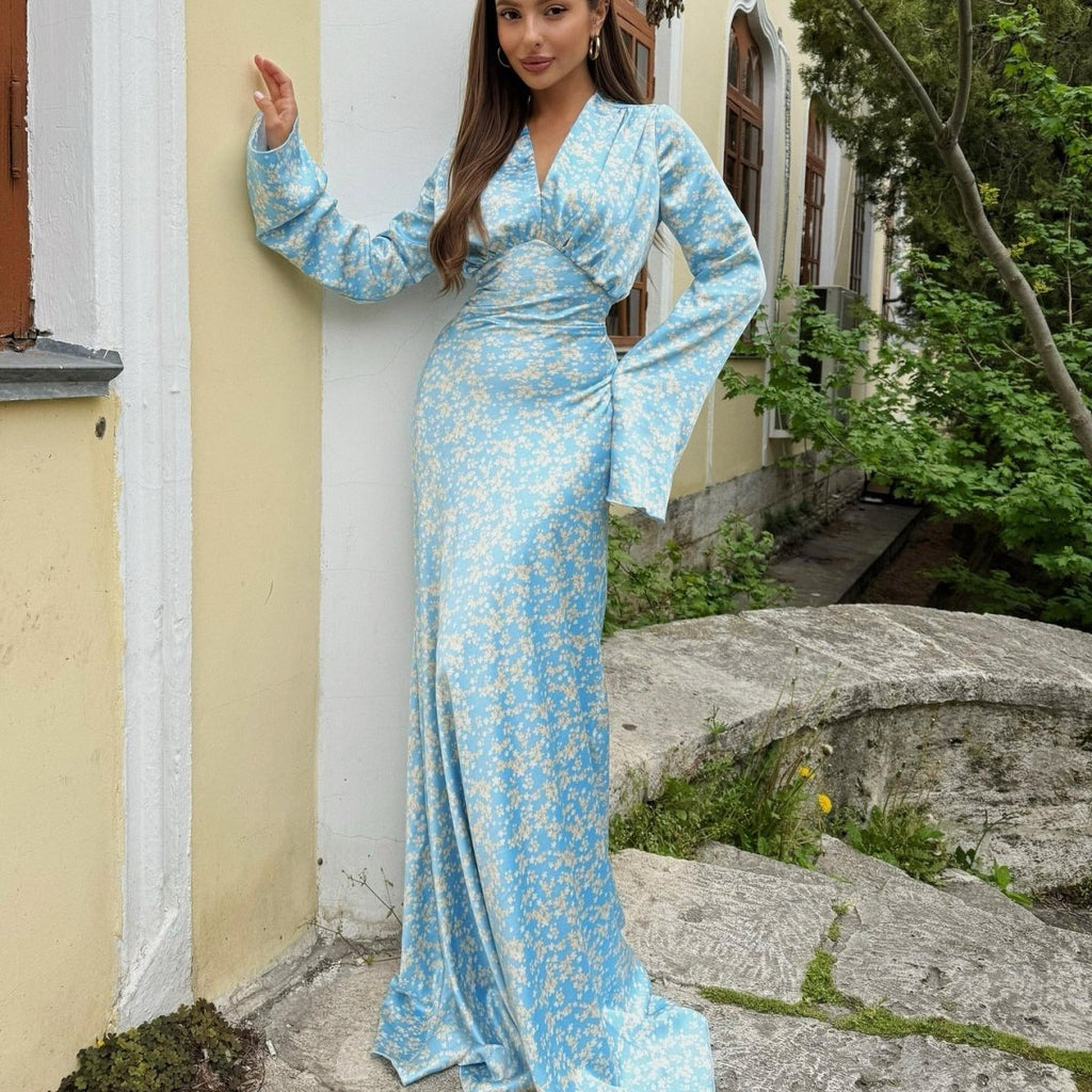 Satin Floral Print V-Neck Maxi Dress(MS378)