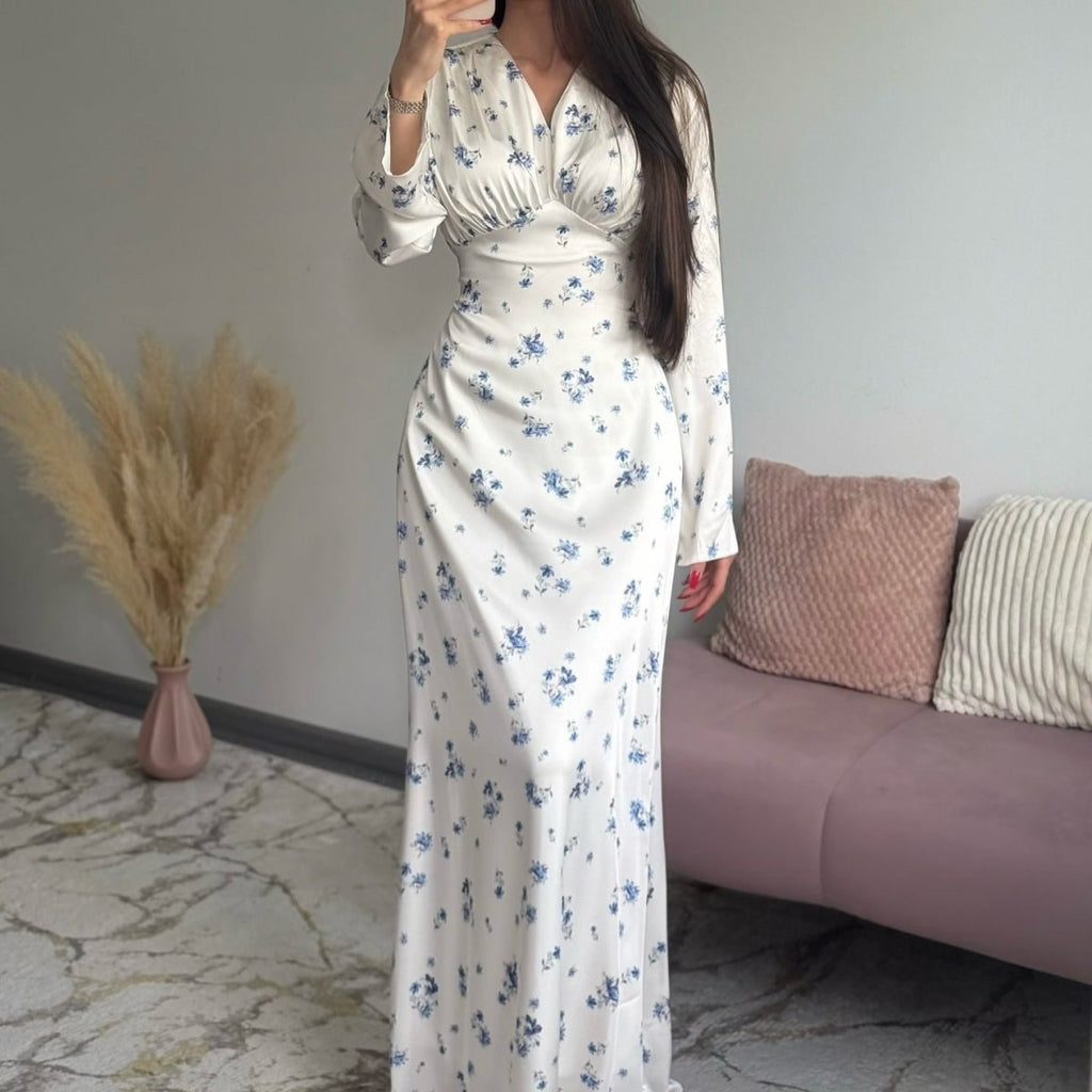 Satin Floral Print V-Neck Maxi Dress(MS378)