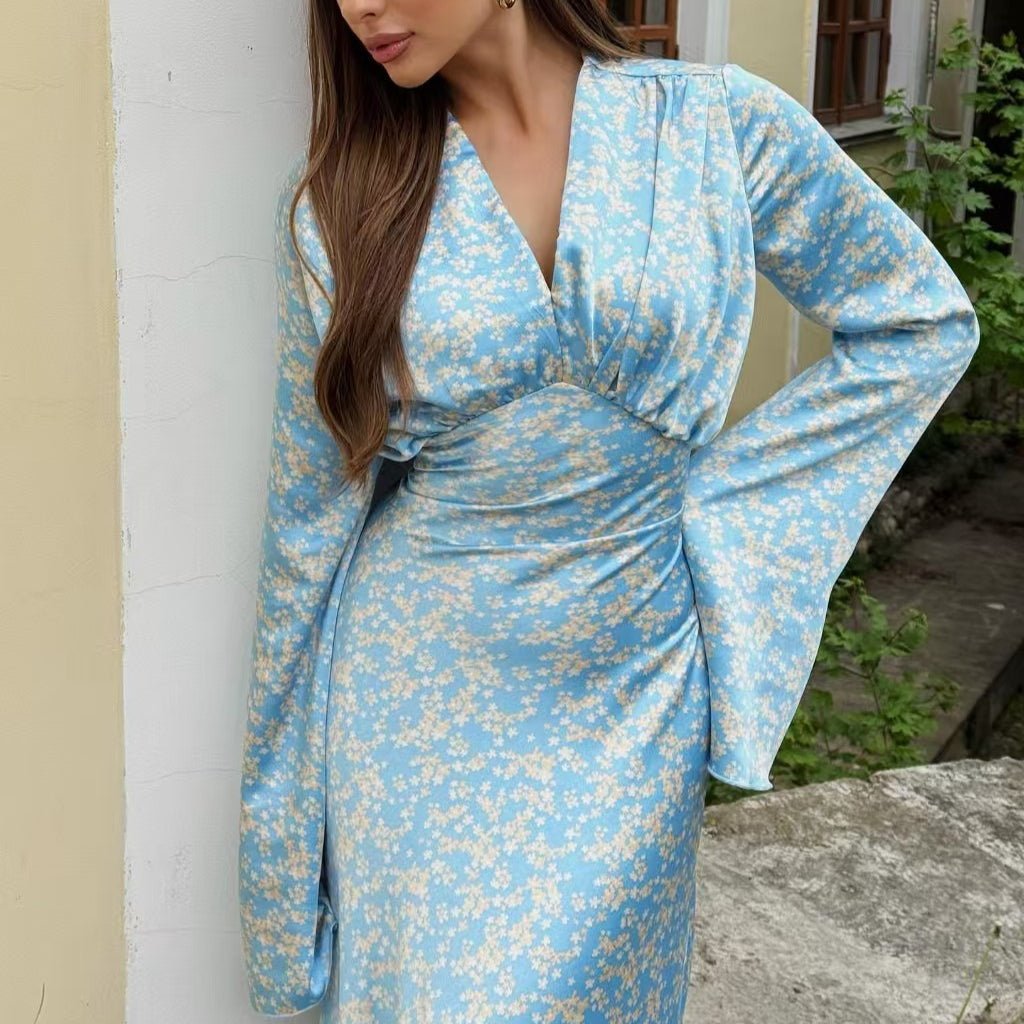 Satin Floral Print V-Neck Maxi Dress(MS378)
