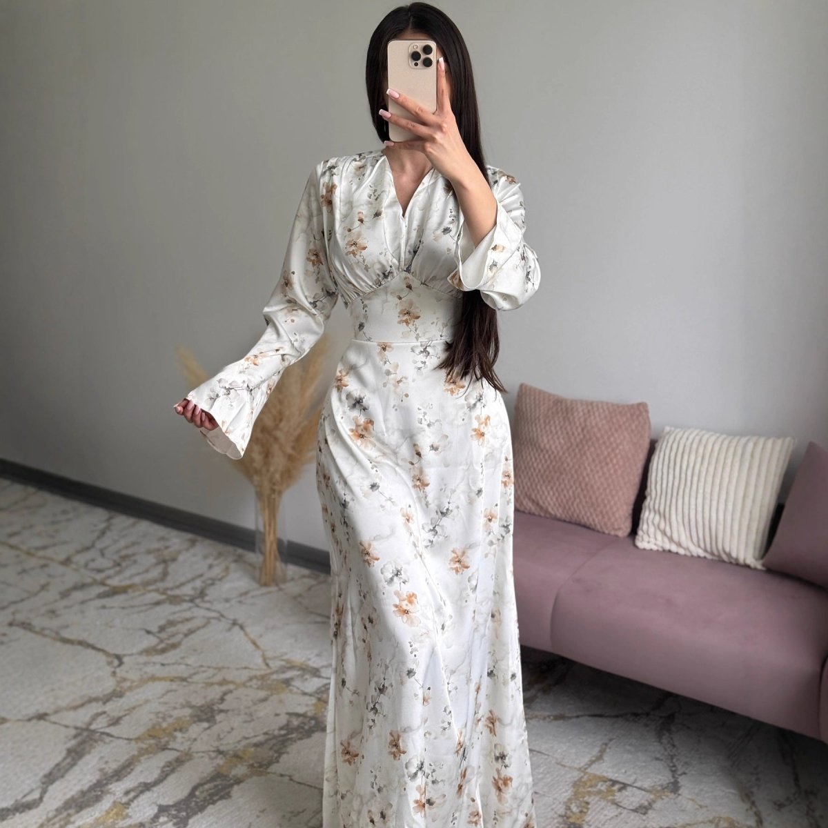 Satin Floral Print V-Neck Maxi Dress(MS378)