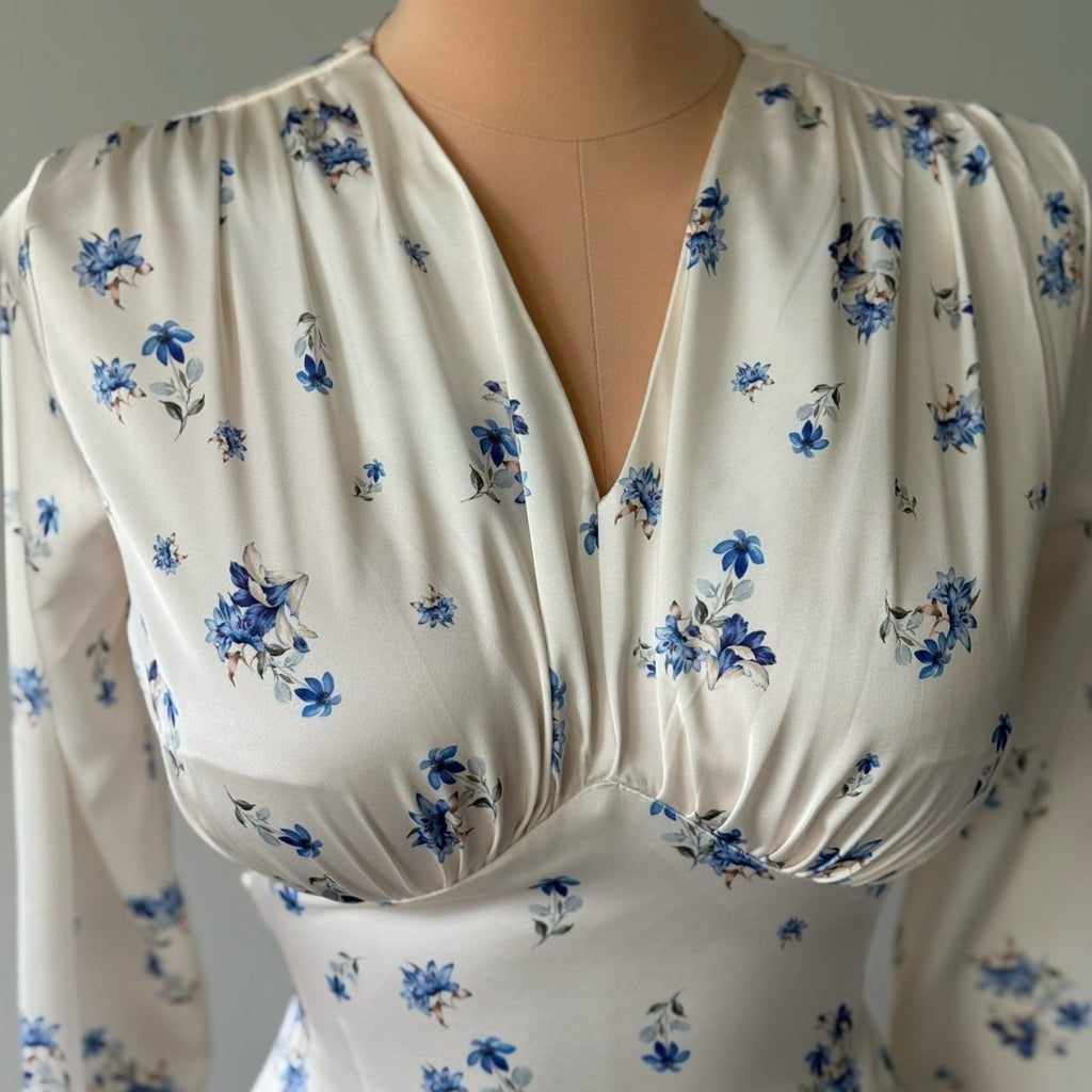 Satin Floral Print V-Neck Maxi Dress(MS378)