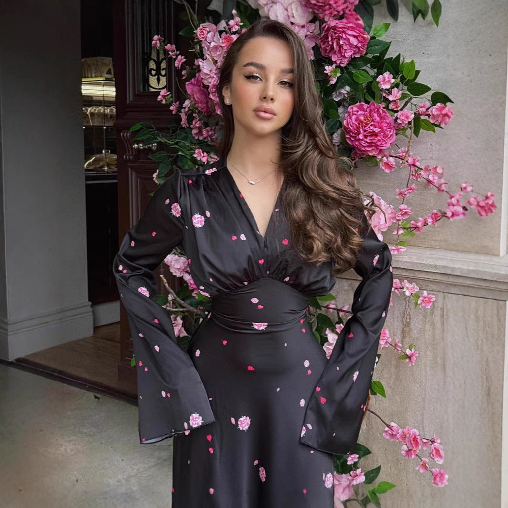 Satin Floral Print Wrap Dress(MS377)