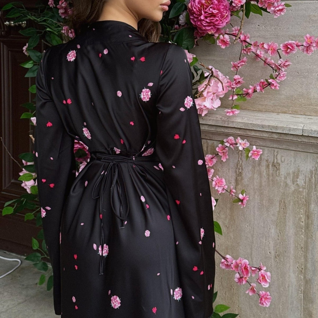 Satin Floral Print Wrap Dress(MS377)