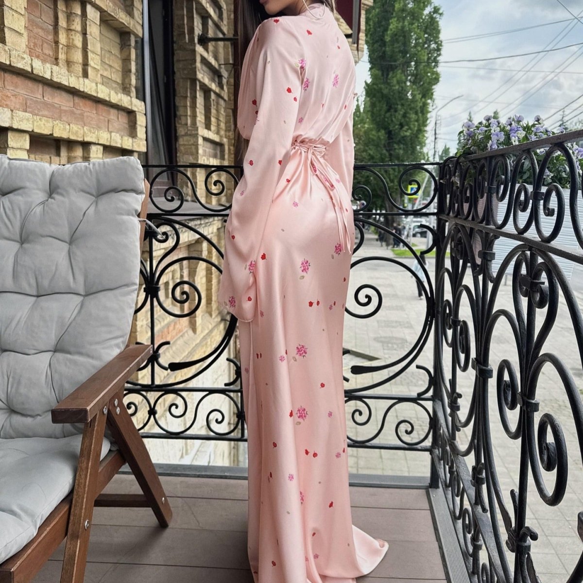 Satin Floral Print Wrap Dress(MS377)