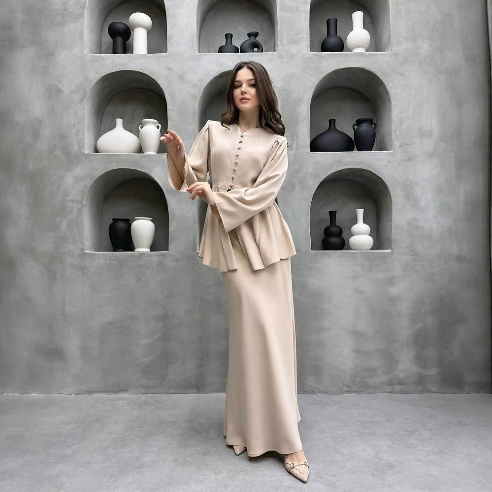 Satin Peplum Top & Skirt Set | Bell Sleeve Two-Piece Outfit(MS229)