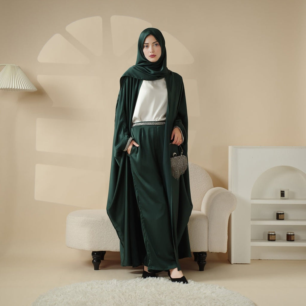 Abaya With Satin Shirt And Rhinestone Trousers | 4-Piece Set Abaya (MOA060)
