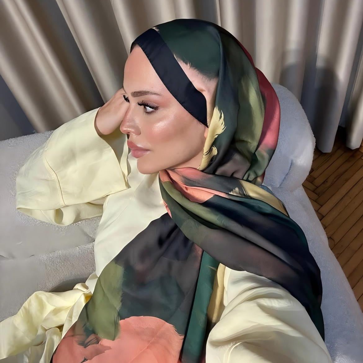 Satin Silk Printed Hijab Scarf | Printed Satin Hijab Scarf (MH217)