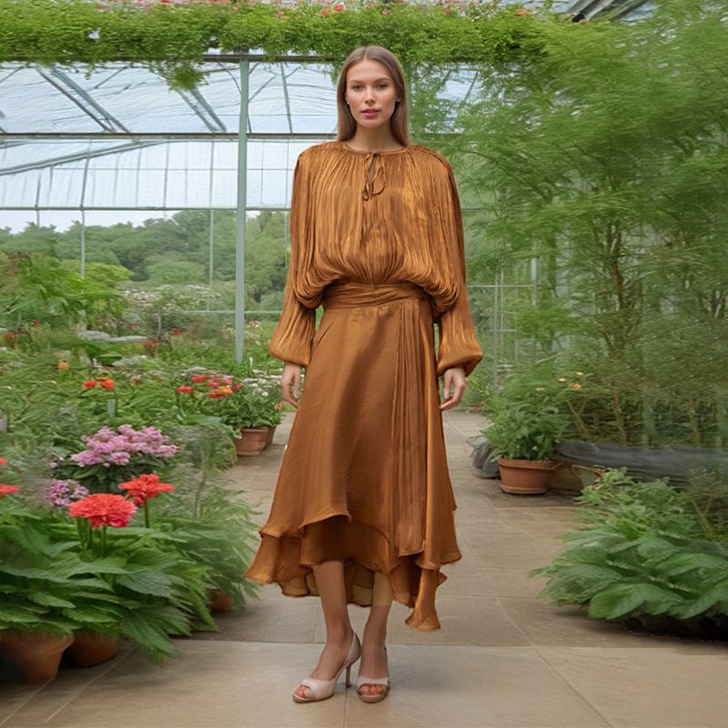 Satin Tie-Neck Blouson Dress(MS354)