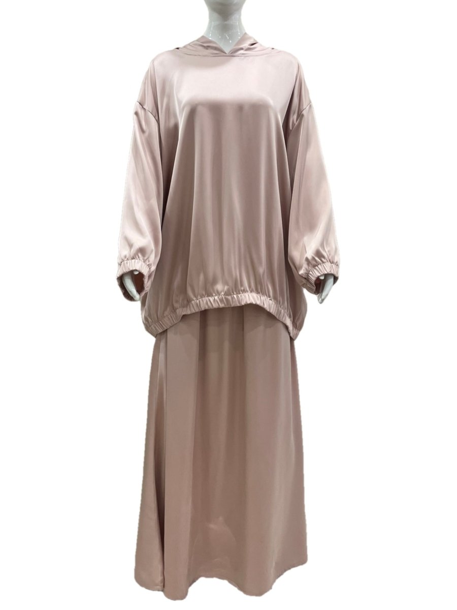 Satin Two-Piece Set with Hooded Top & Maxi Skirt(MS348)