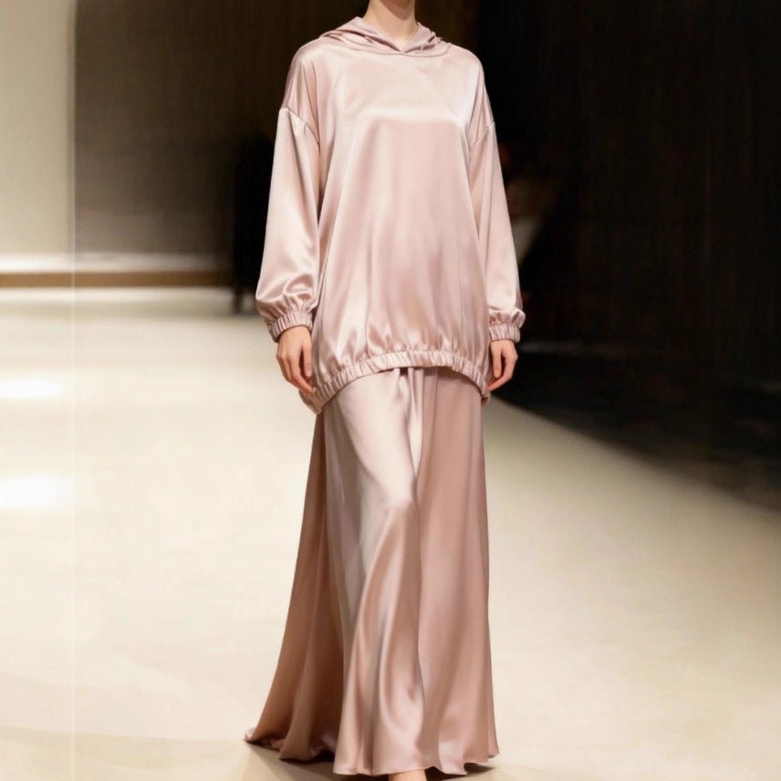 Satin Two-Piece Set with Hooded Top & Maxi Skirt(MS348)
