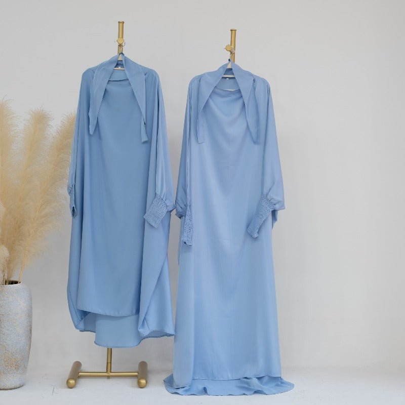 Satin Velvet Mother Daughter Matching Set | Full Circle Maxi Dress with Hijab & Batwing Sleeves(MJ022)