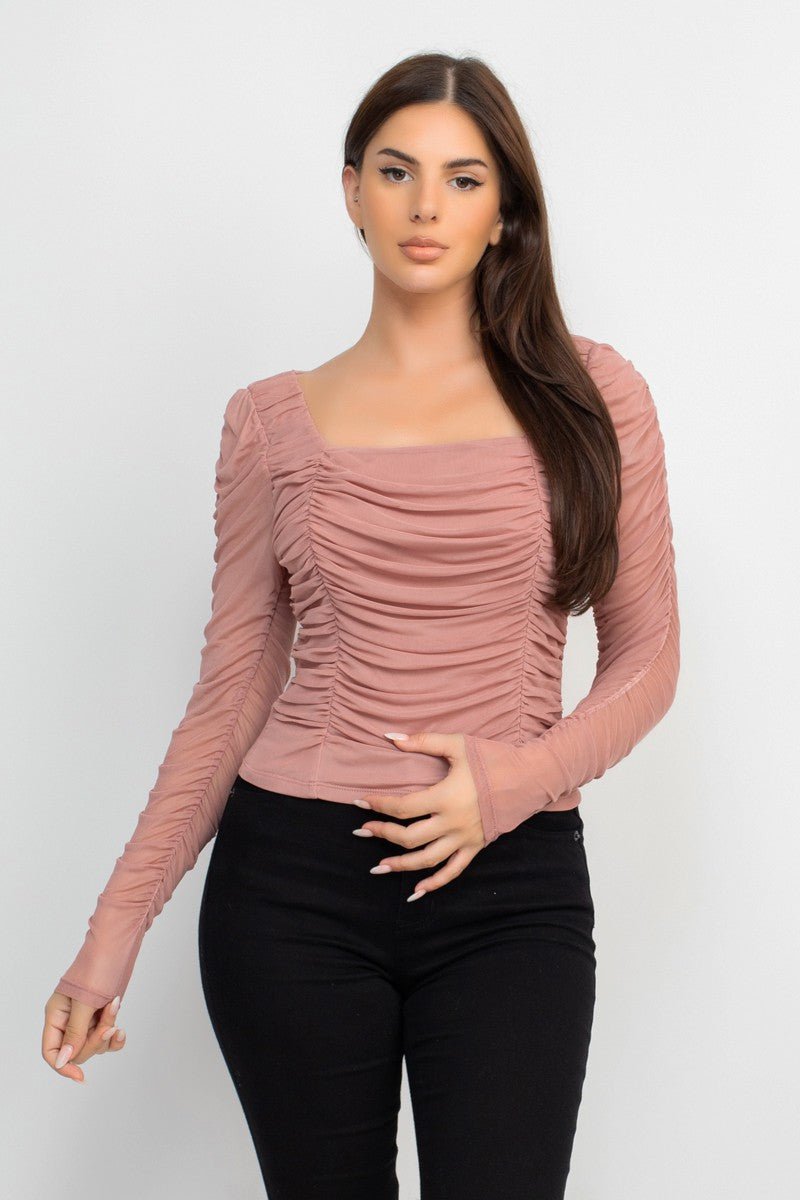 Sculpted Sheer Mauve Square-Neck Top