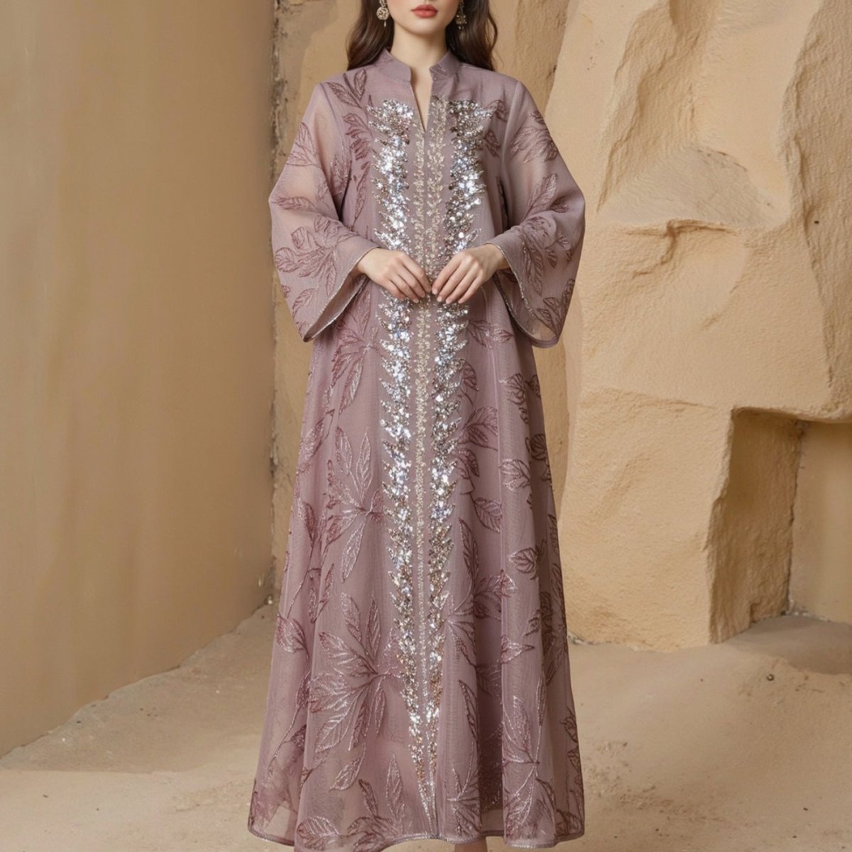 Sequin Embroidered Mesh Abaya (MA415)
