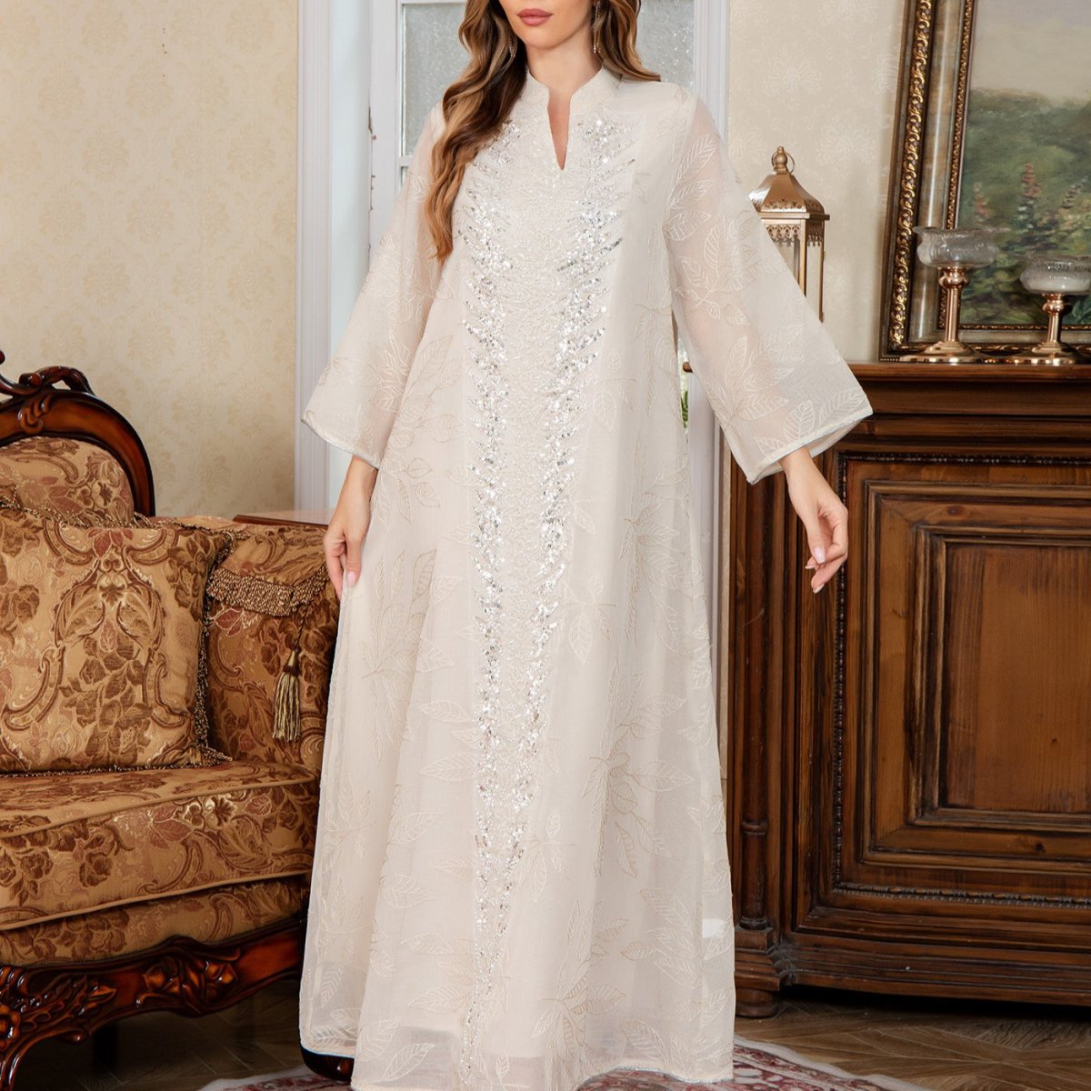 Sequin Embroidered Mesh Abaya (MA415)