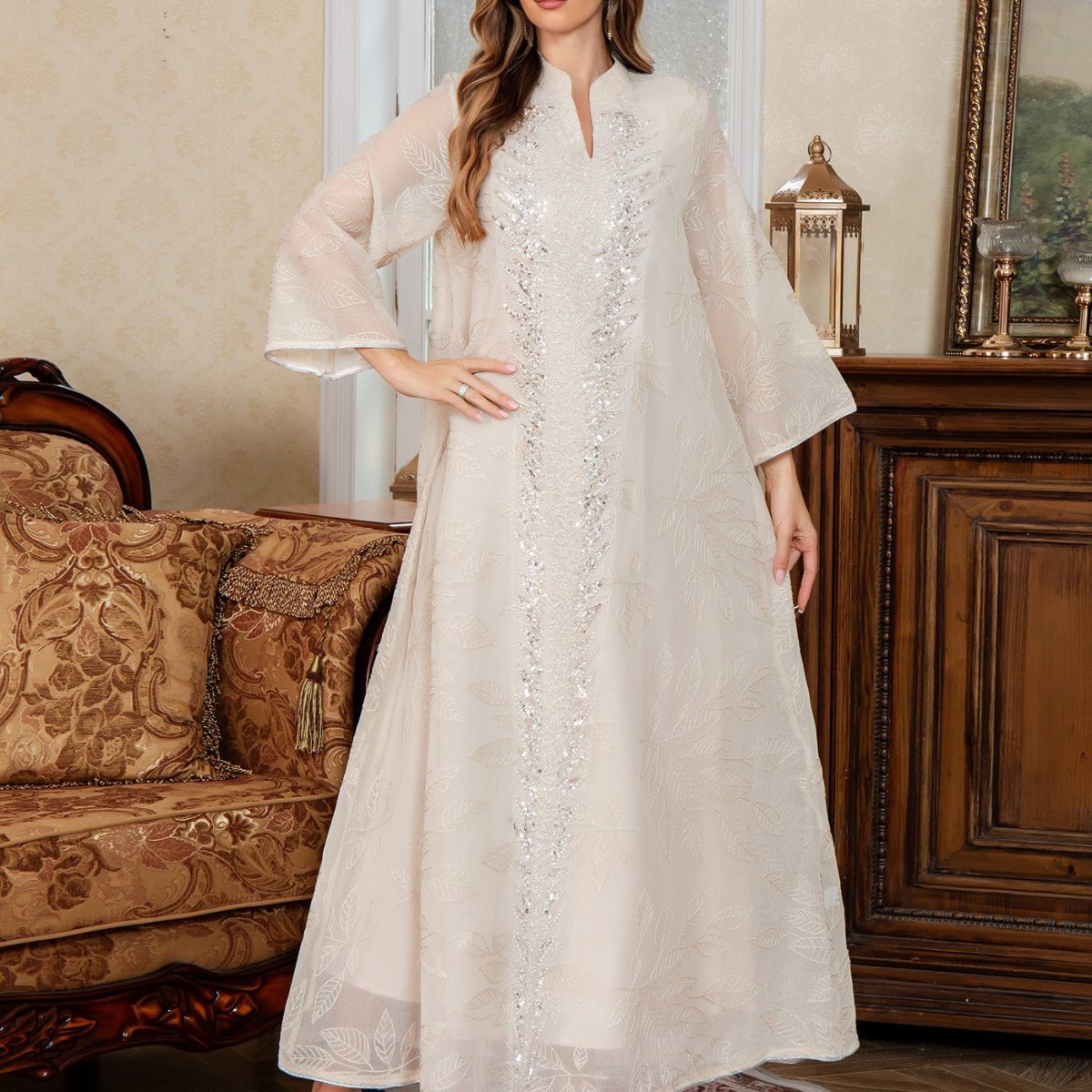 Sequin Embroidered Mesh Abaya (MA415)