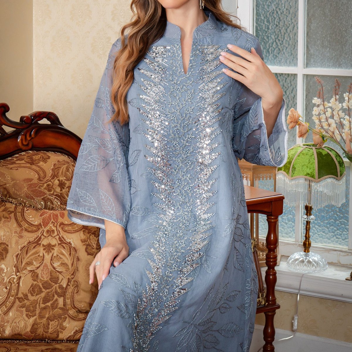 Sequin Embroidered Mesh Abaya (MA415)