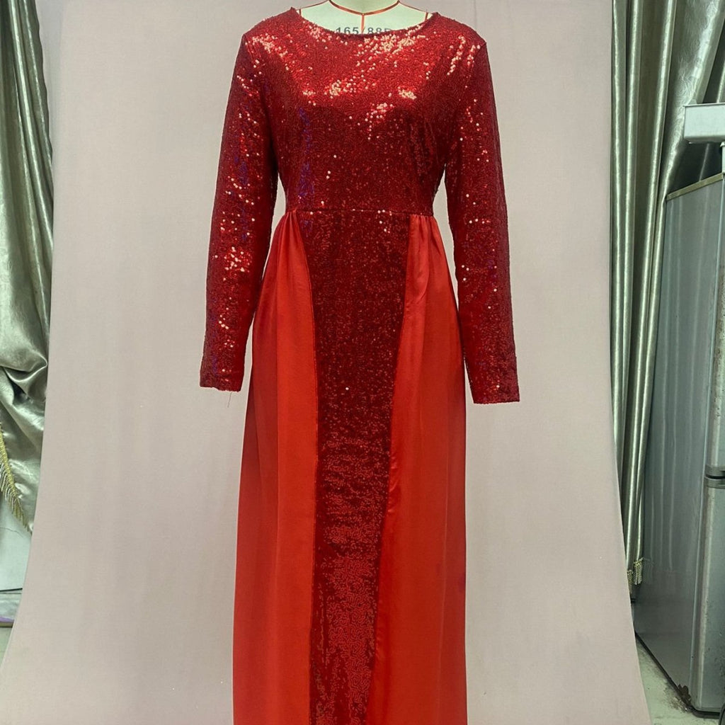 Sequin Gown Long Sleeve Fitted Maxi Dress(MS235)