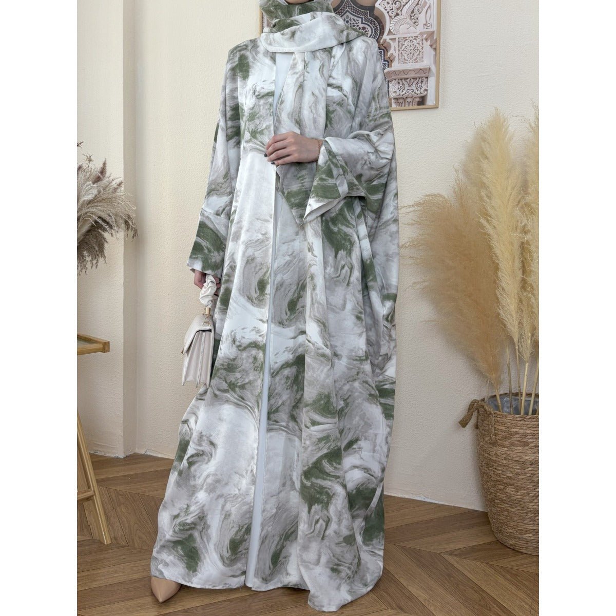 Serene Ink Wash Abaya Collection | Watercolor Print Cardigan with Matching Hijab (MOA178)