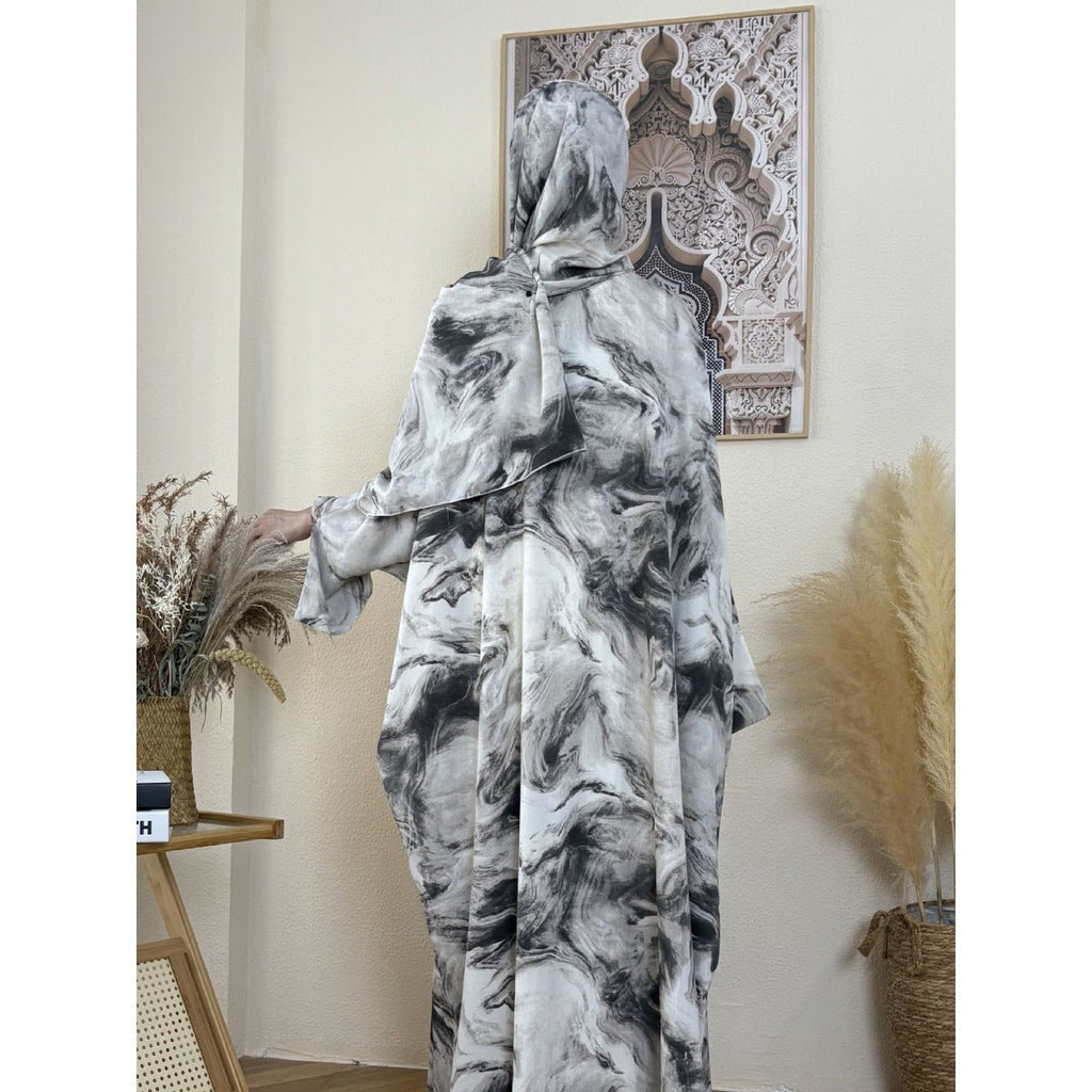 Serene Ink Wash Abaya Collection | Watercolor Print Cardigan with Matching Hijab (MOA178)