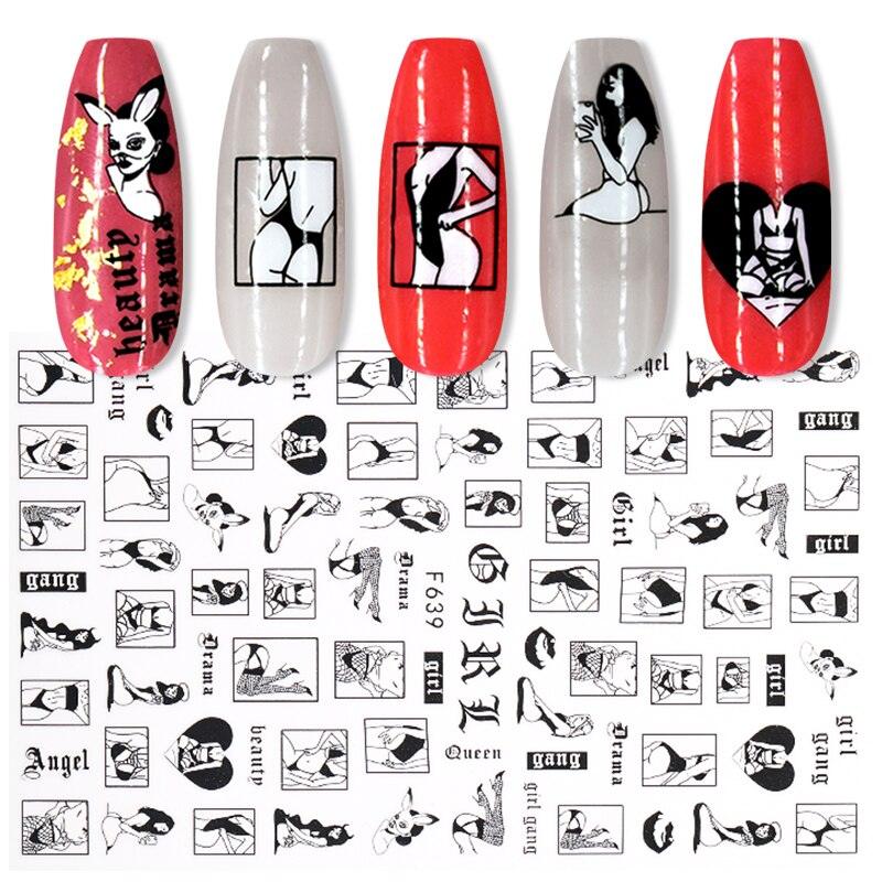 Sexy Lady Pattern 3D Nail Stickers Character Image Decals Slider Valentine Black White Nail Art Decoration Strip Line Nail Decal Self-Adhesive 3D Wave Design Decoration for Women Girls Art Stickers Decal Decoration Metallic Curve Strip Line Nail