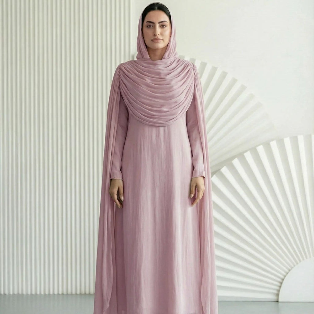 Shimmer Island Silk Cape Sleeve Abaya Dress with Matching Hijab(MA429)