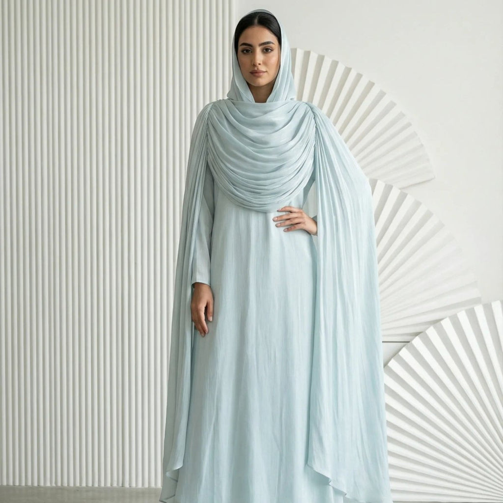 Shimmer Island Silk Cape Sleeve Abaya Dress with Matching Hijab(MA429)