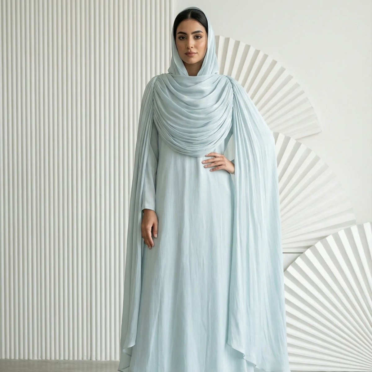 Shimmer Island Silk Cape Sleeve Abaya Dress with Matching Hijab(MA429)