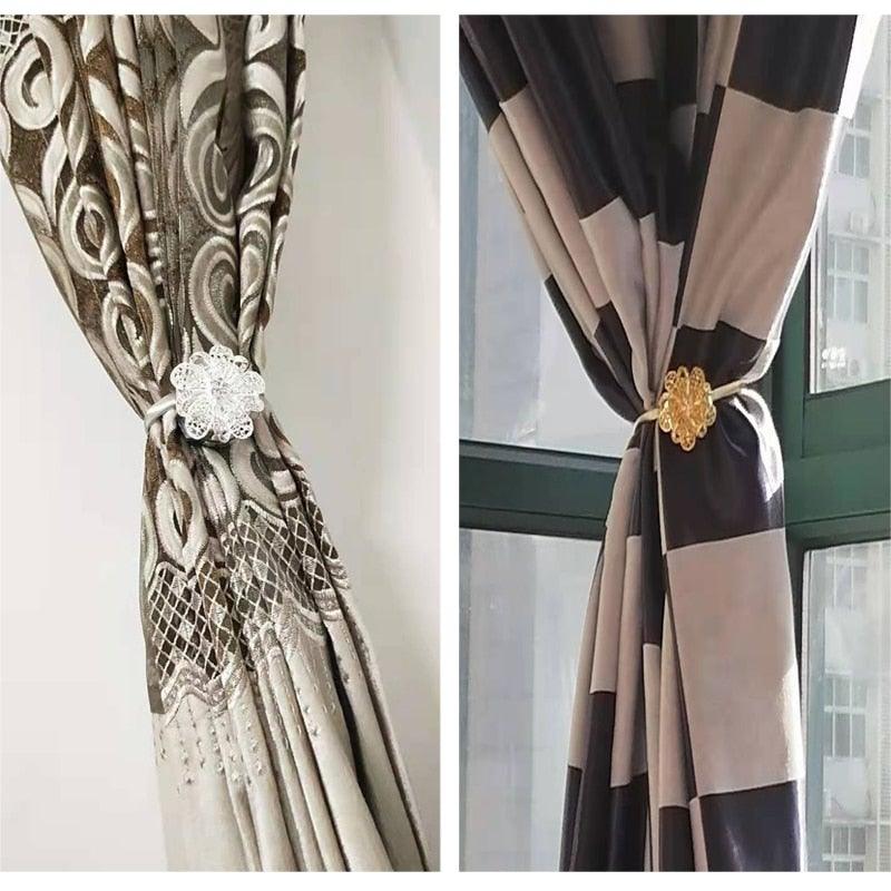 Shiny Flowers Magnetic Curtain Clip Tieback European Style Curtain Clasp Hanging Ball Rope Straps Home Decoration Accessories Crystal Curtain Magnetic Tieback Flower Curtain Clips Buckle with Stretchy Wire Rope For Home Office Decoration