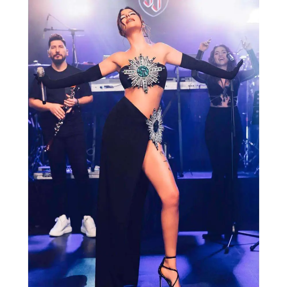 Shiny Rhinestone Tube High Slit Skirt Bandage Suit