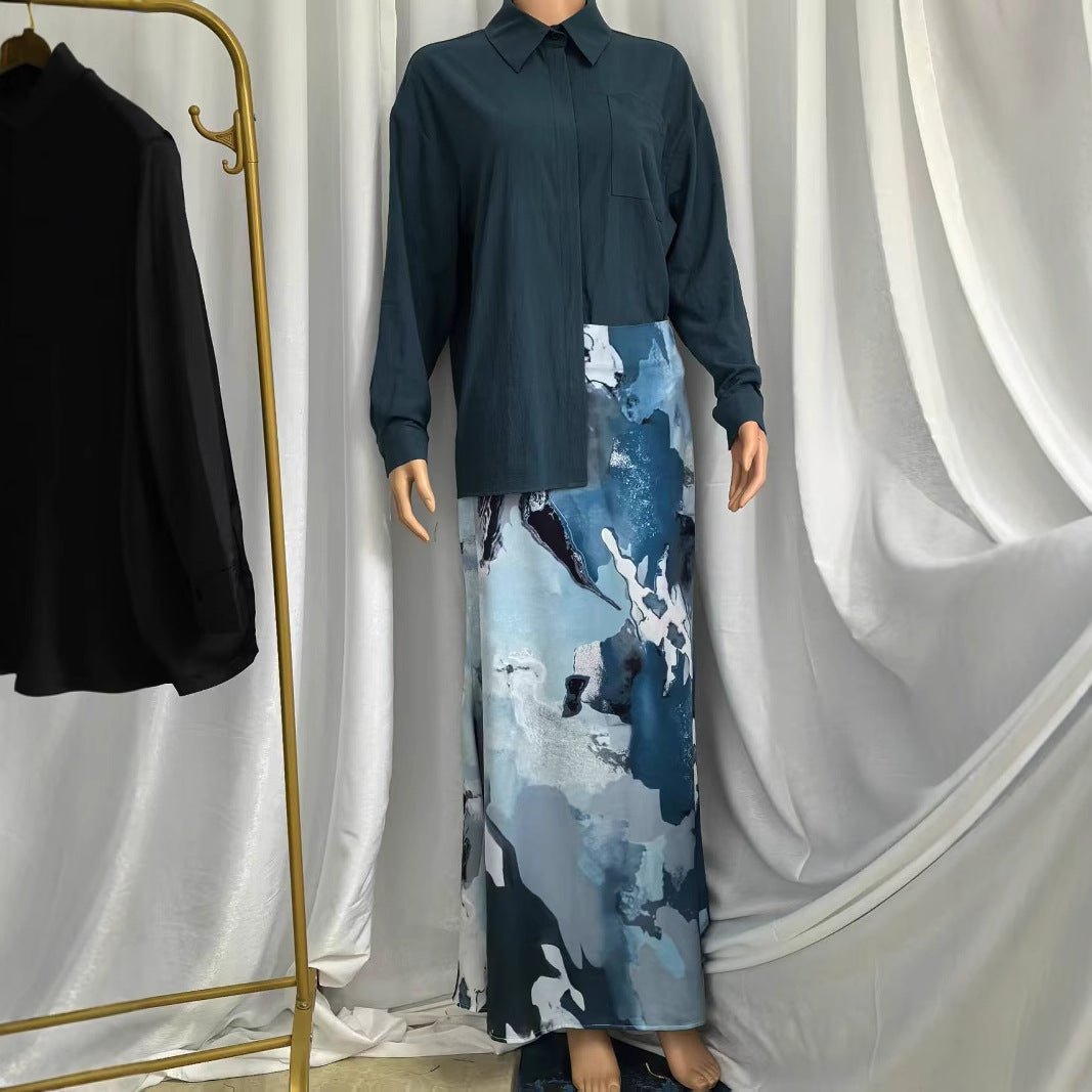 Shirt & Abstract Print Skirt Set | Collared Blouse Two-Piece Outfit(MS260)