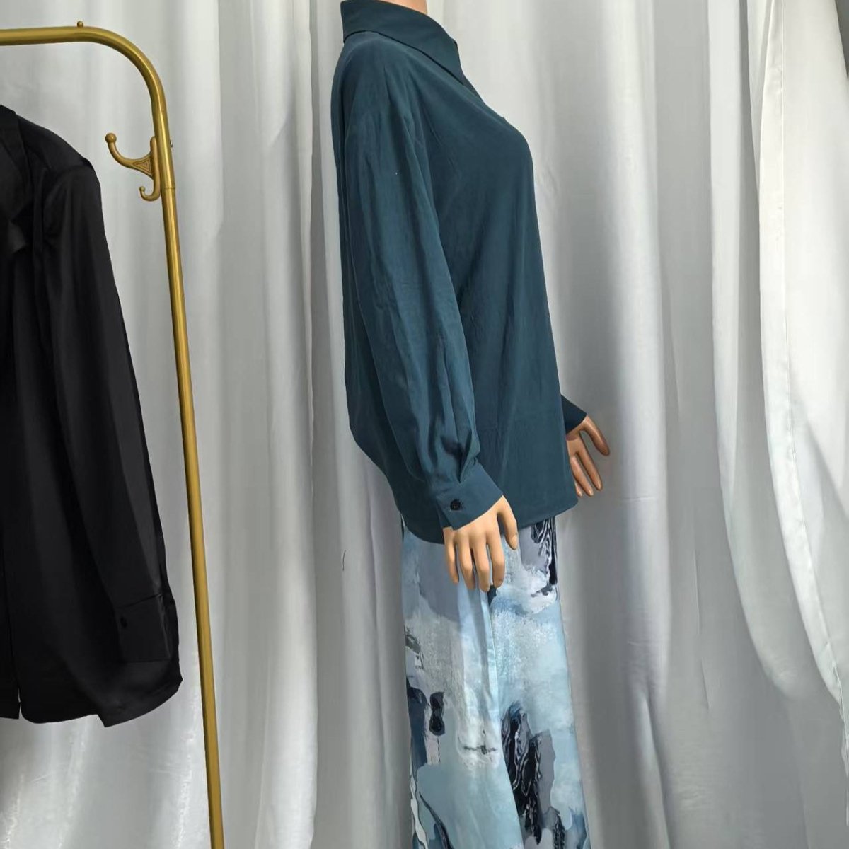 Shirt & Abstract Print Skirt Set | Collared Blouse Two-Piece Outfit(MS260)