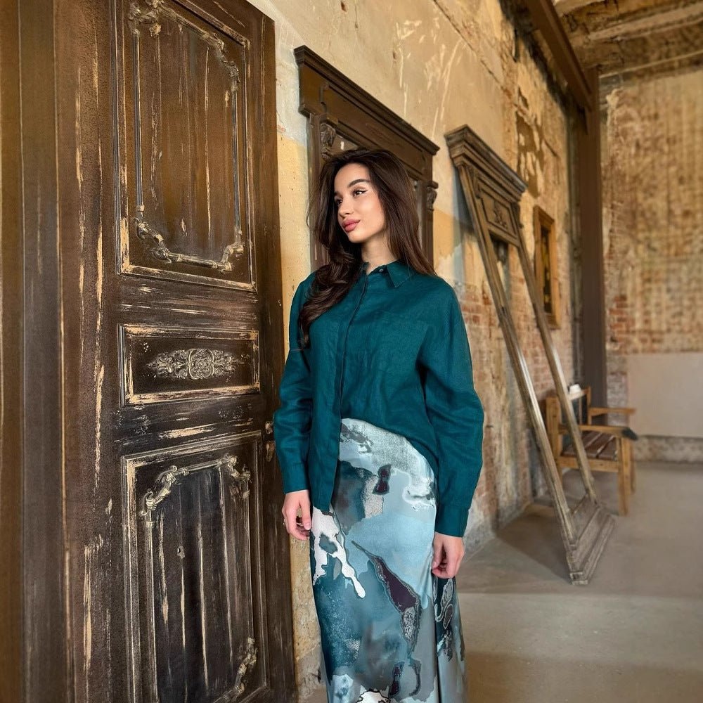 Shirt & Abstract Print Skirt Set | Collared Blouse Two-Piece Outfit(MS260)