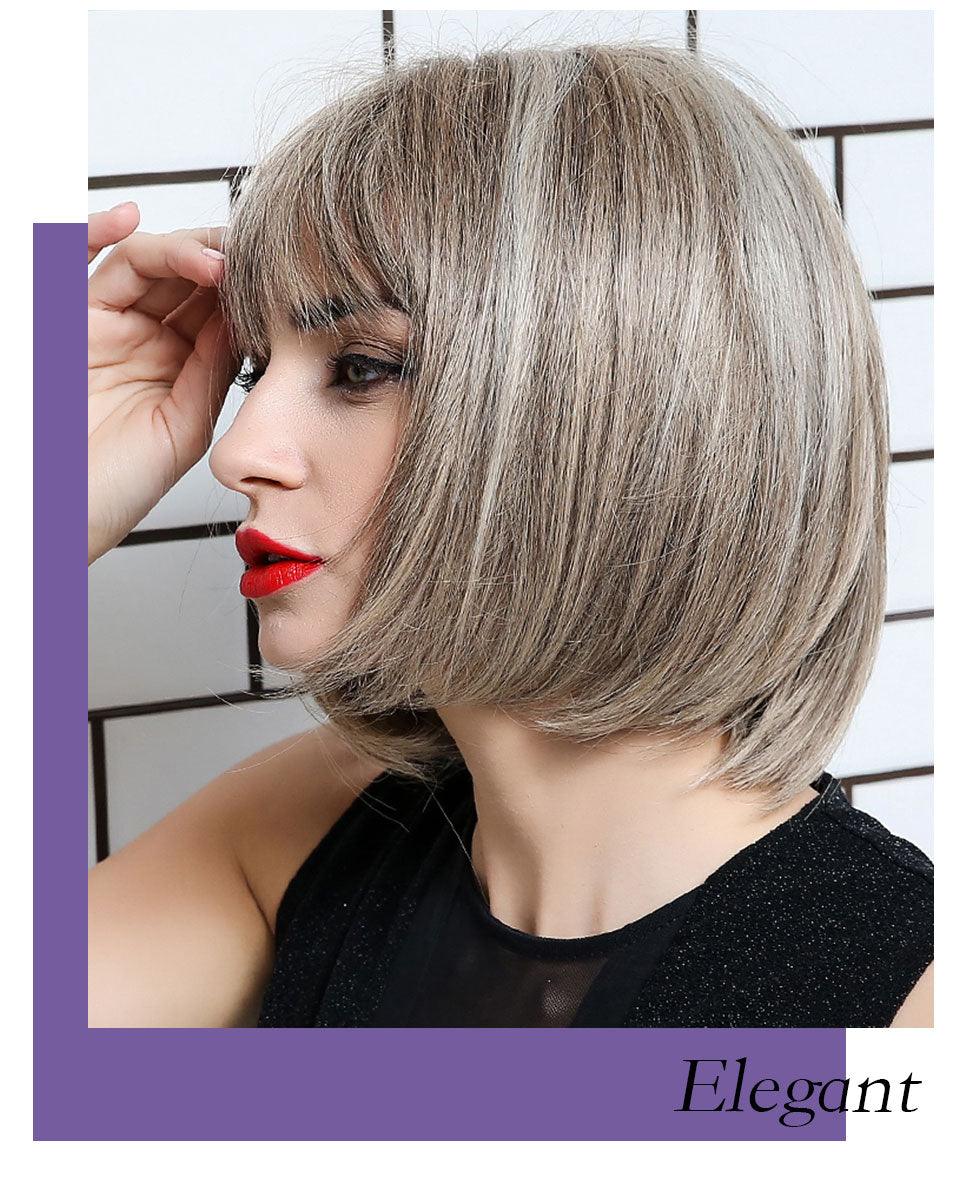 Short Straight Synthetic Brown Mix Gray Hair Cute Bob Wigs with Bangs for White/Black Women Cosplay Party or Daily Wear Wigs For Black Women Cosplay Wigs For Women