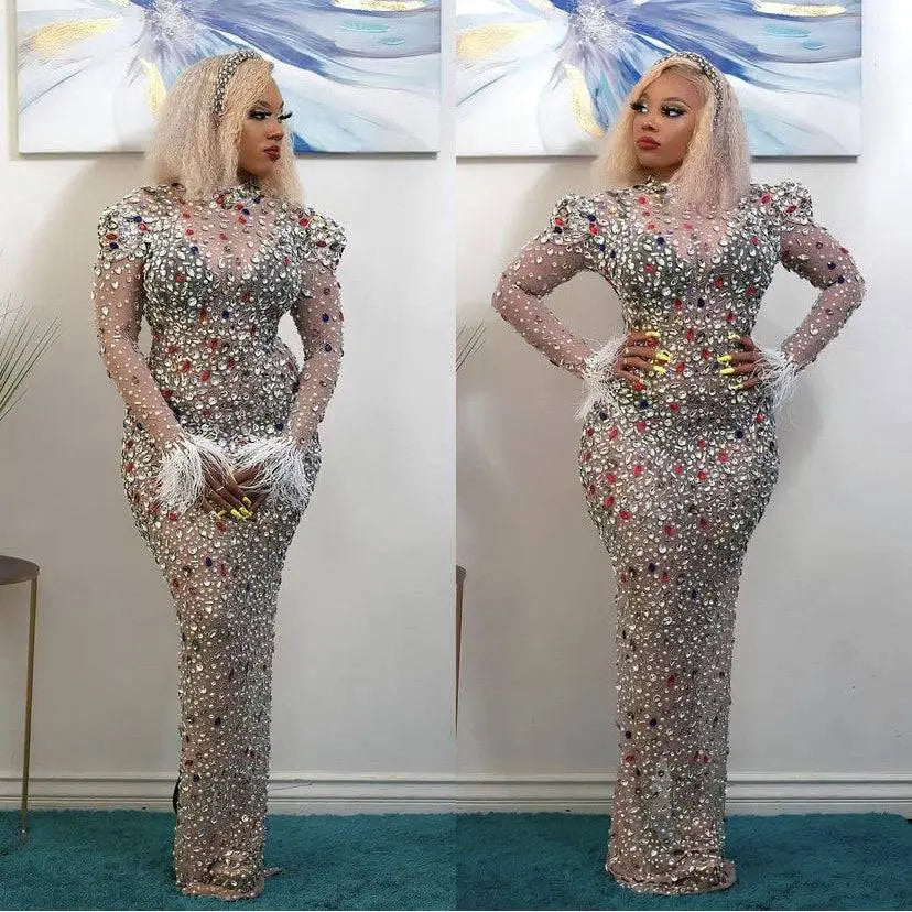 Silver Feathered Rhinestone Mesh Stretch Slim Dress