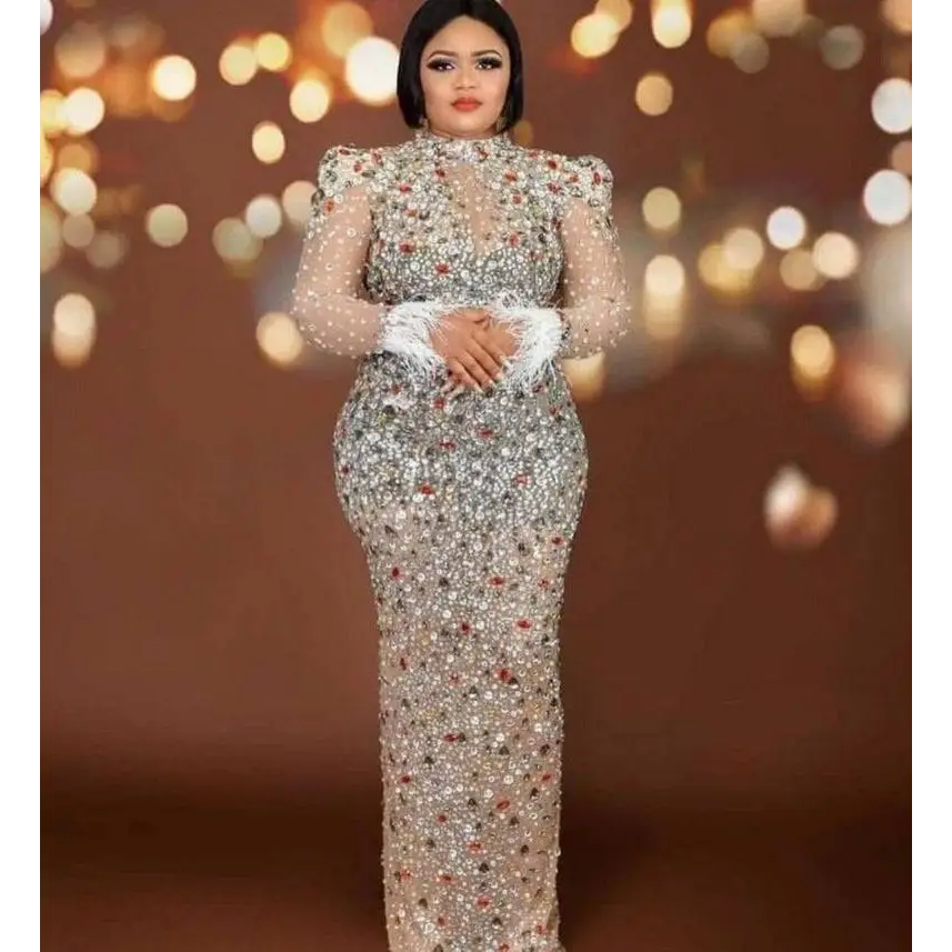 Silver Feathered Rhinestone Mesh Stretch Slim Dress