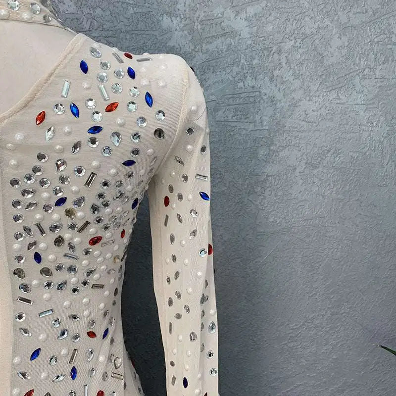 Silver Feathered Rhinestone Mesh Stretch Slim Dress